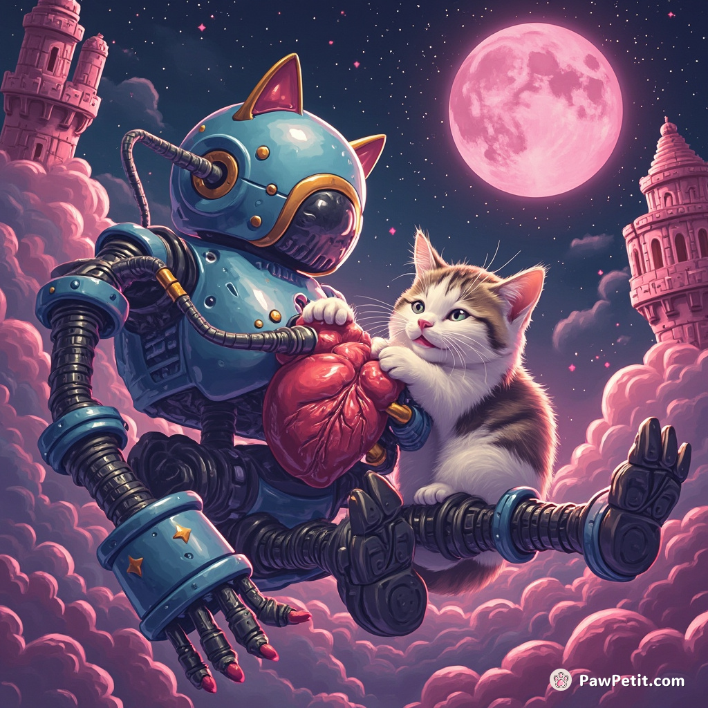Cat performing heart surgery on a mechanical robot within a floating bubblegum castle.