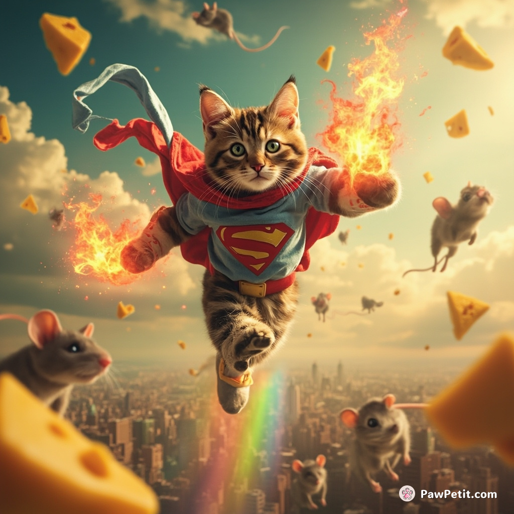 A superhero cat flying with rainbow flames coming out of taupe tap-dancing shoes, saving an entire city of mice from levitating cheese meteorites.