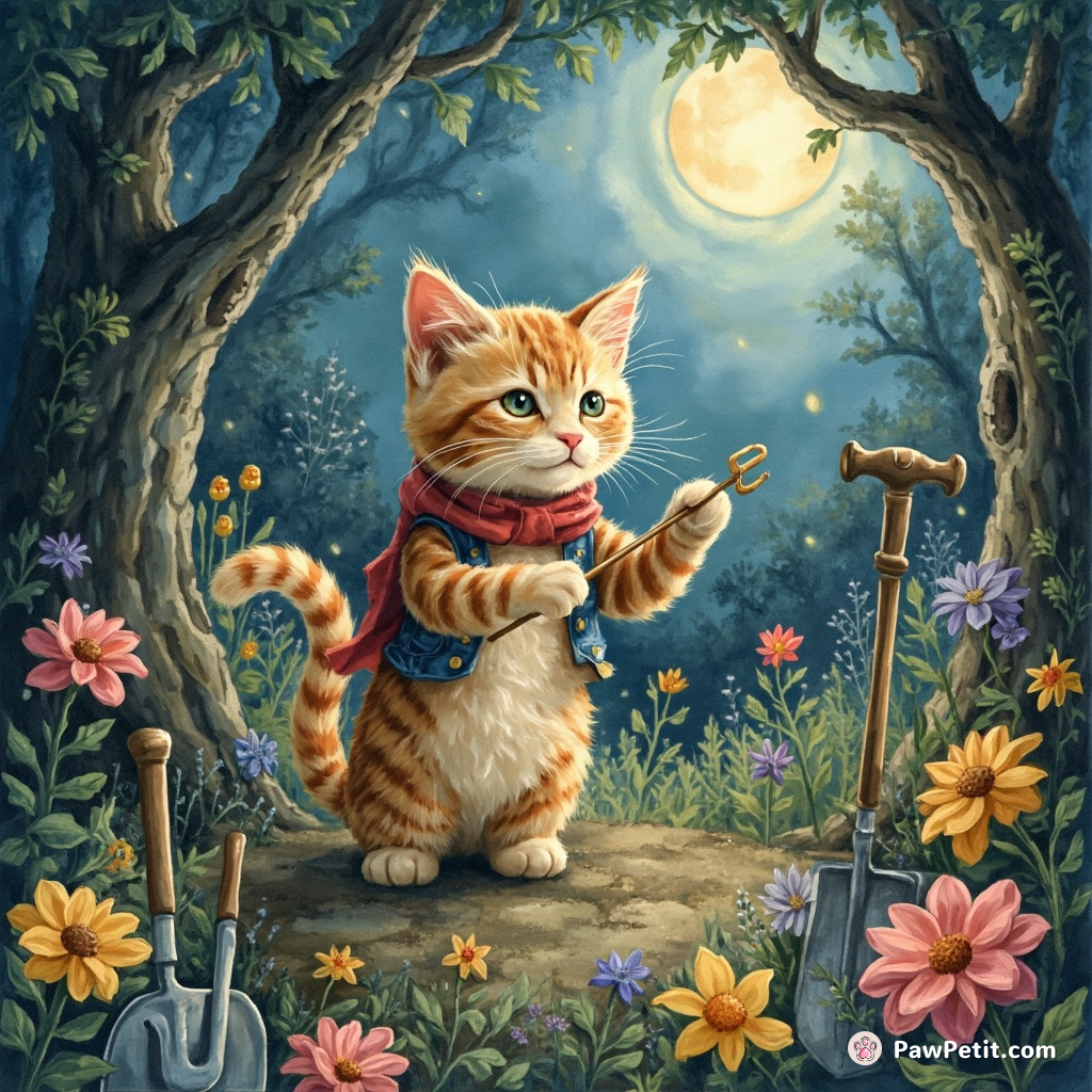 Cat conducting an orchestra of enchanted garden tools in a capricious moonlit forest.