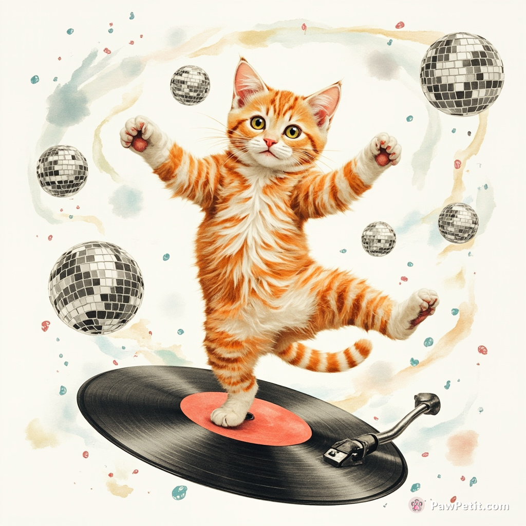 A breakdancing cat performing an impressive windmill move on a vinyl record in zero gravity, surrounded by floating disco balls.