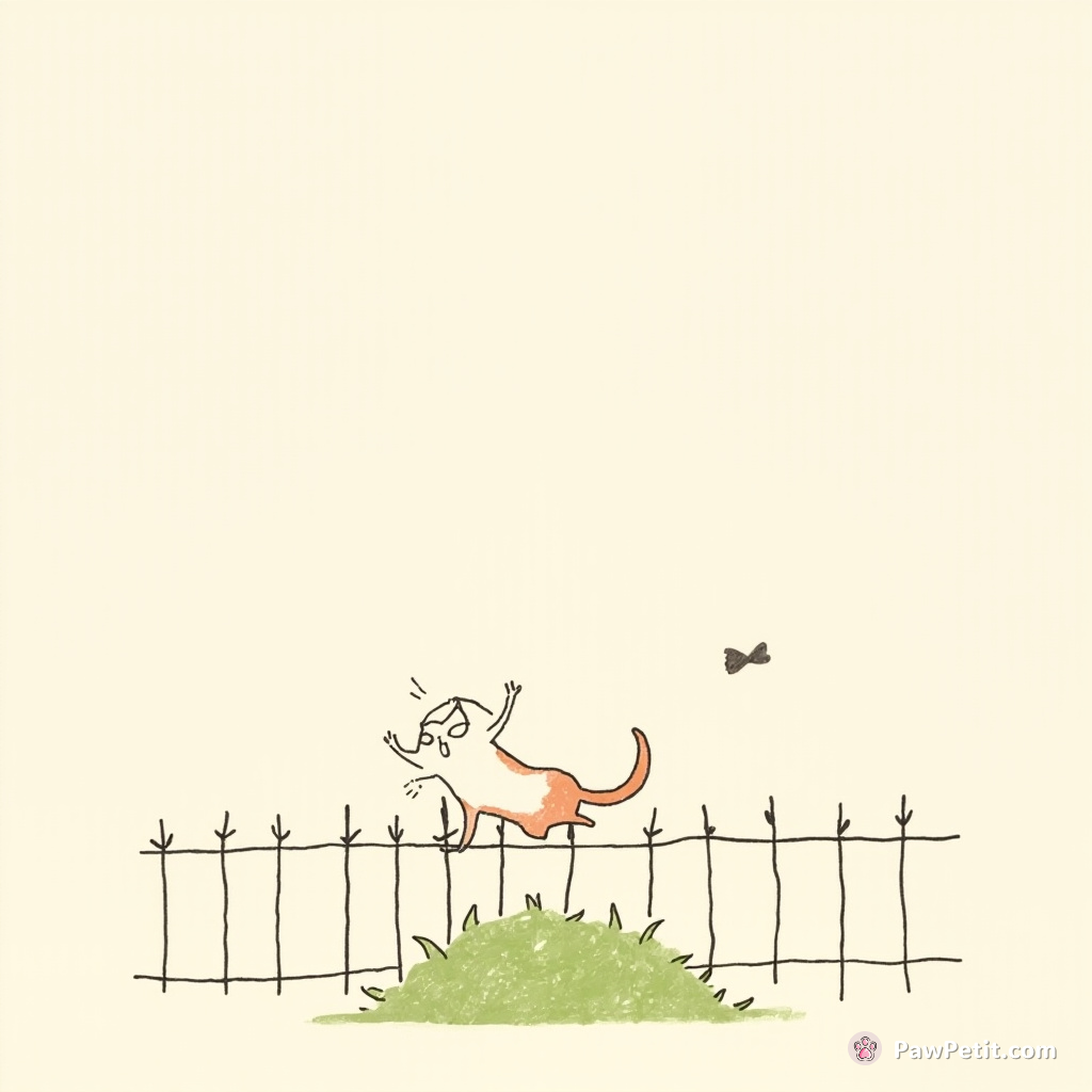 Cat perches on fence, arms outstretched, as if savoring a breeze, but wobbles and topples into a bush with a yowl.