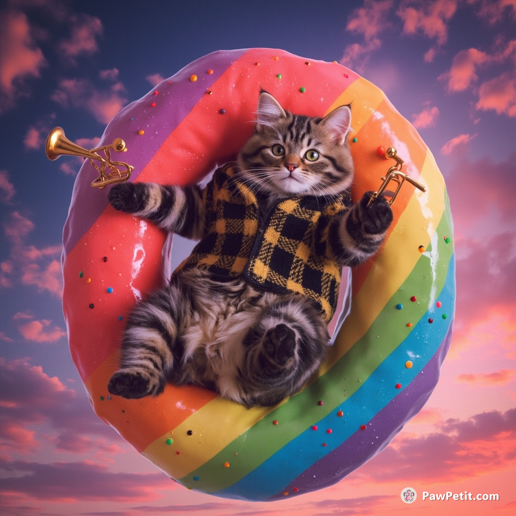 A tubby, plaid-striped cat skydiving mid-air through a rainbow doughnut ring while juggling miniature trombones.
