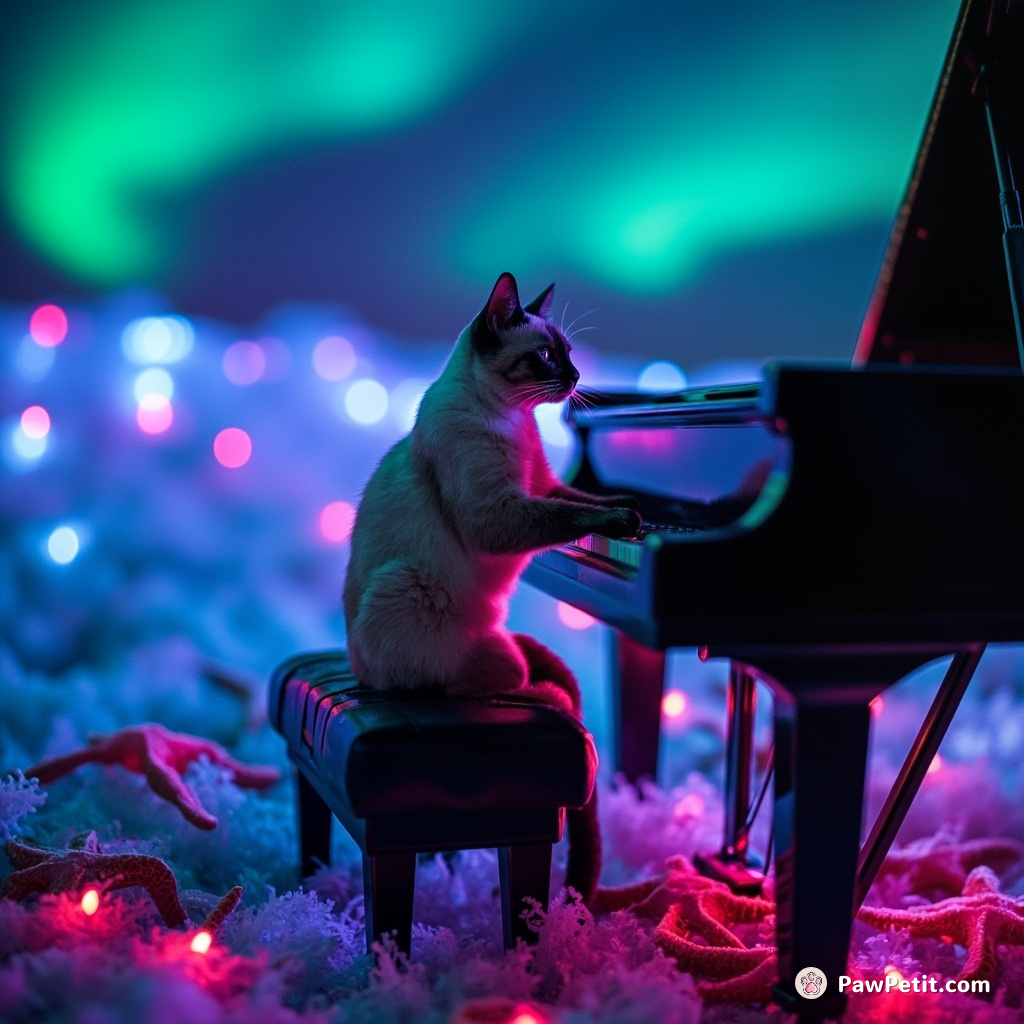 A Siamese cat composing a melody on a grand piano under the aurora borealis with starfish as audience.