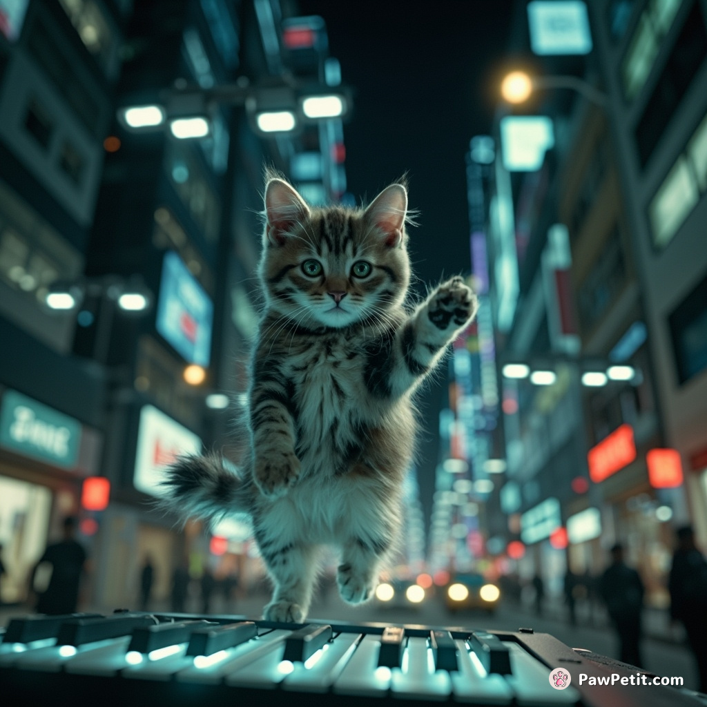 Leaping defiantly, a deft feline interfaces with 3D street-light keyboards, outwitting citywide controls of human-designed nano-drones in the nighttime metropolis.