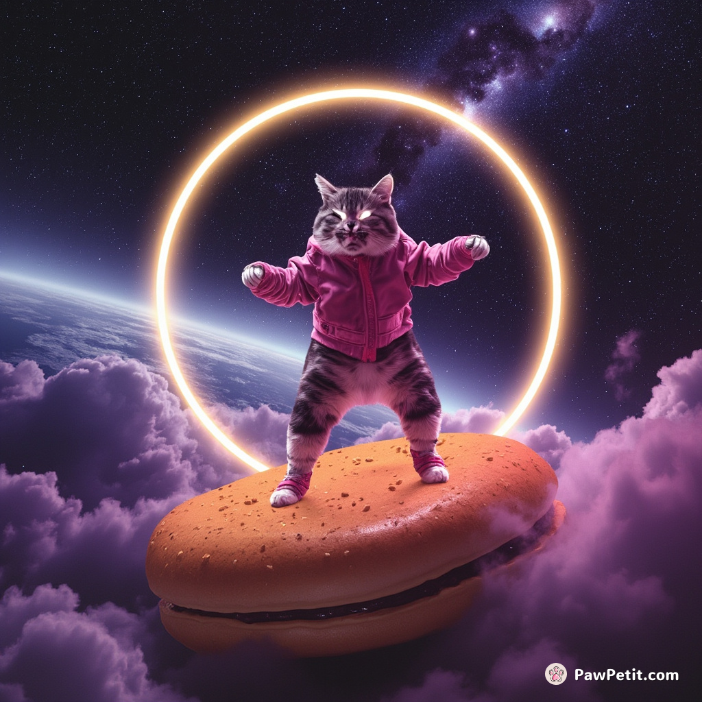 Cat performing a moonwalk on a colossal cheeseburger in outer space.