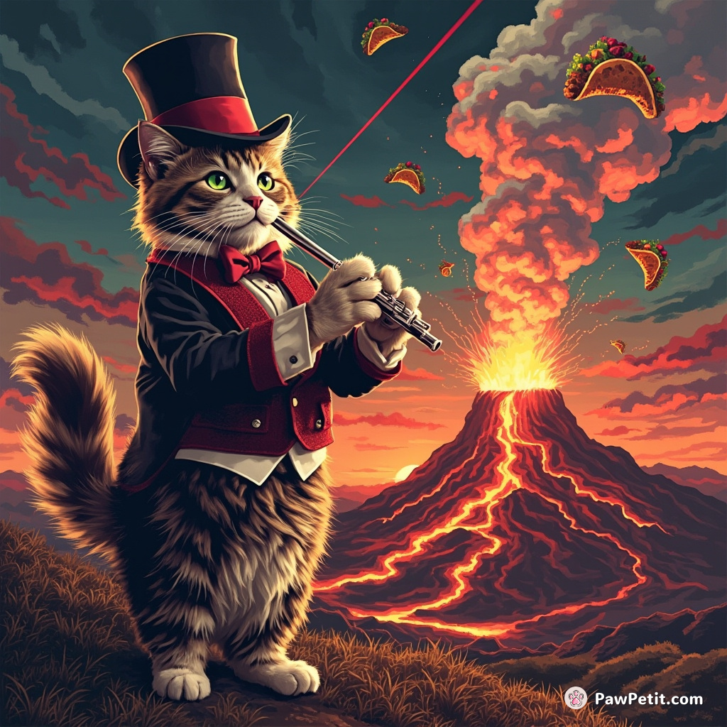 A very tall cat drinking champagne in top hat and tails, playing a silver flute beside an active volcano shooting laser beams at flying burritos.