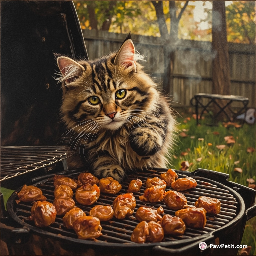 Furry chaos ensues as the audacious cat predictably commandeers the backyard barbecue grill, akin to an overeager human grillmaster.