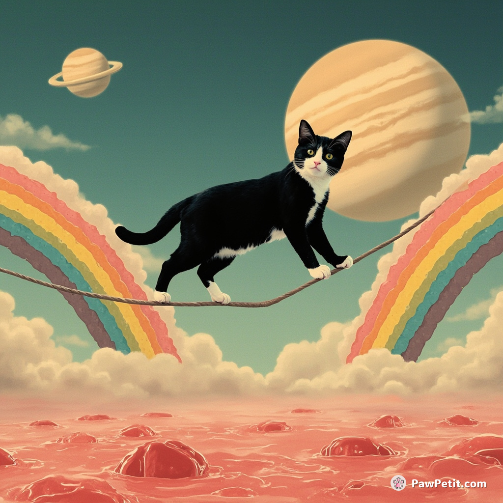 A black-and-white tuxedo cat doing a nervously charming tightrope walk on a rainbow made of fish scales over a lake filled with cherry jello in the middle of Jupiter.