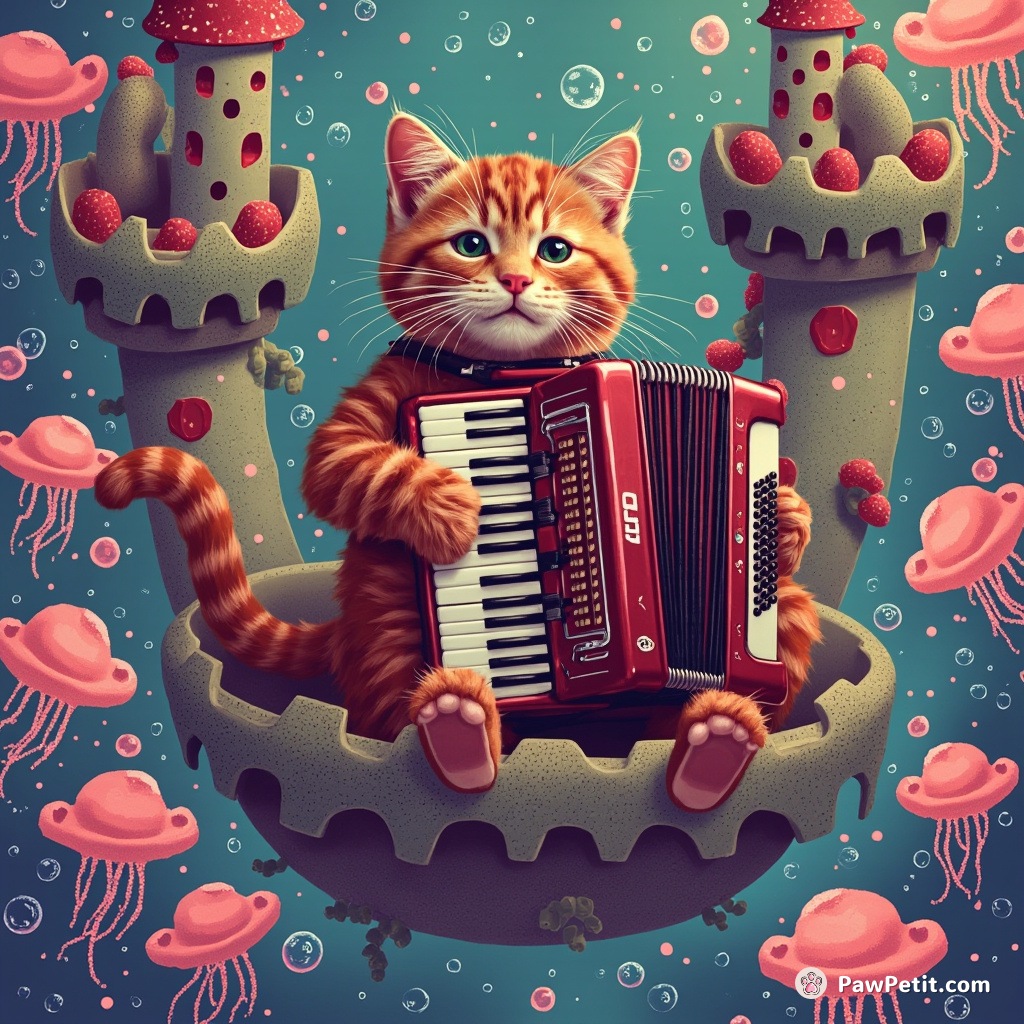 A red-and-taupe tabby cat playing an accordion in a floating castle among bubble-bathing alien jellyfish.