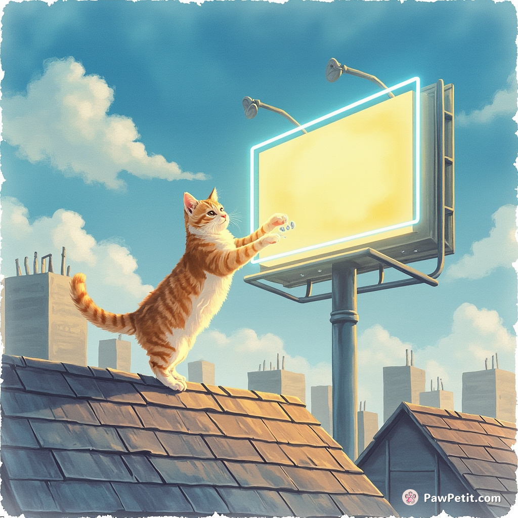 A curious cat leaps from rooftop to rooftop, hacking into a neon billboard with its paw-pad interface.