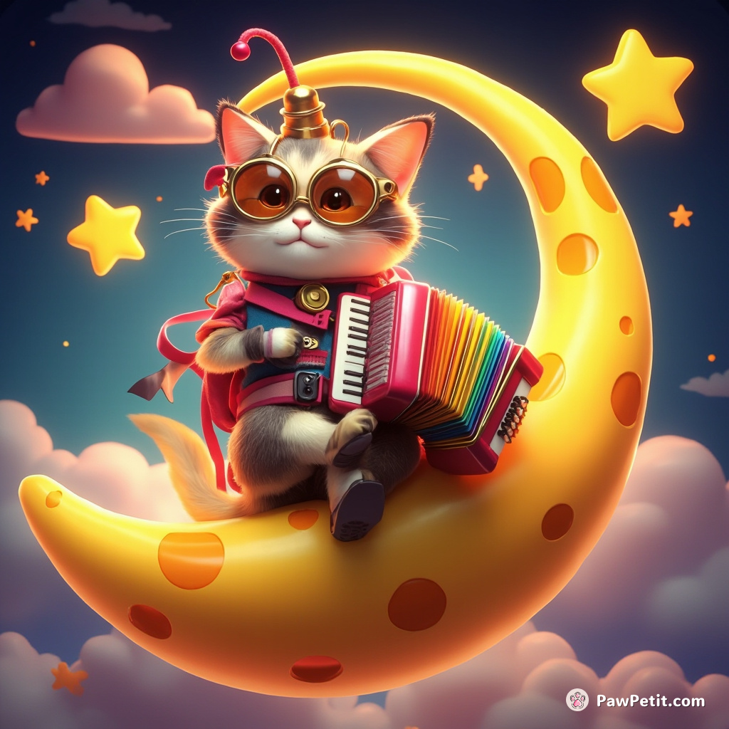 Steampunk cat playing a rainbow accordion on top of a floating cheese moon.
