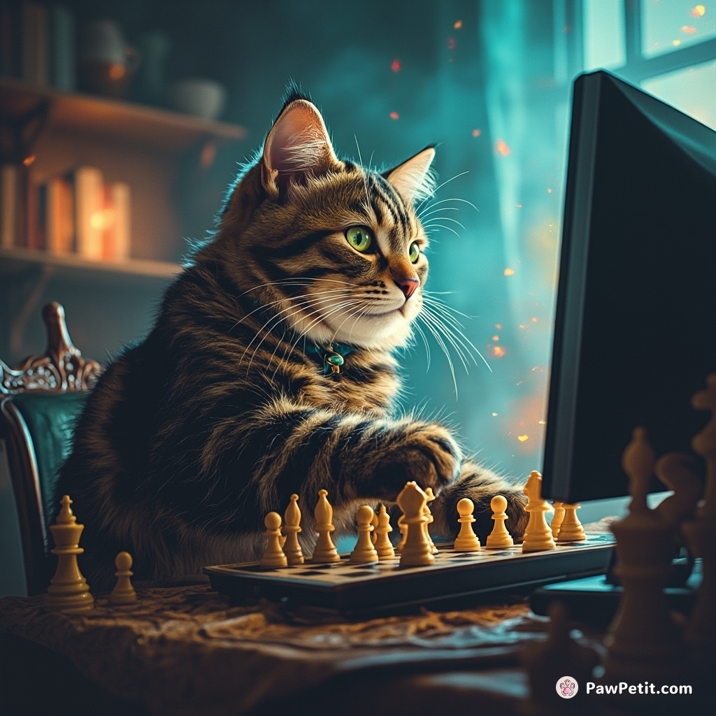 The cat independently manipulates a computer, rapidly pawing at keys and defeating humans in an online chess game.