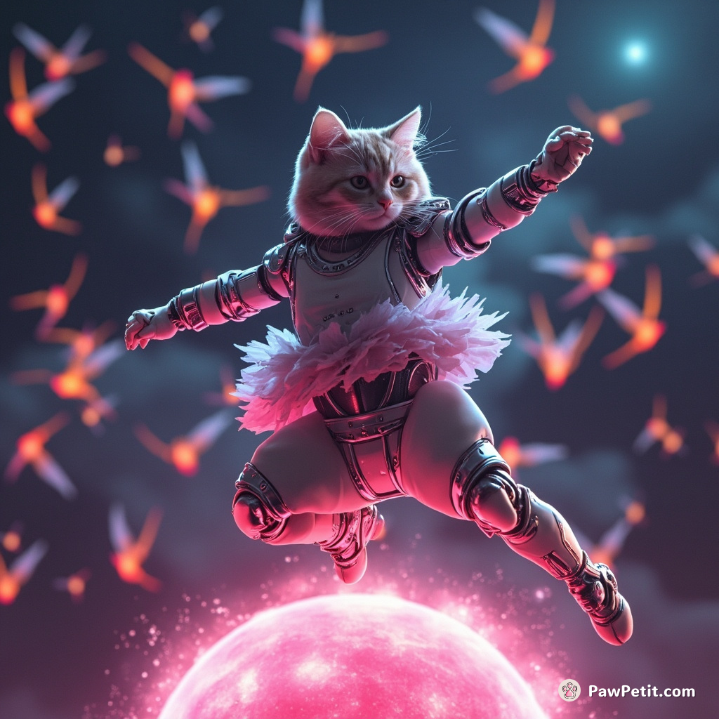Cyborg cat performing a ballet routine on a glowing asteroid, amid a swarm of neon hummingbirds.