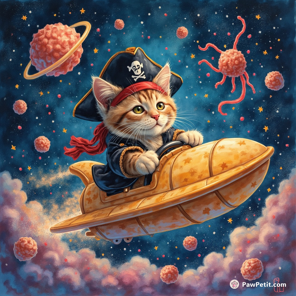 A pirate cat steering a macaroni spaceship in a neon, sprinkle-filled galaxy, dodging interstellar tentacled meatballs.