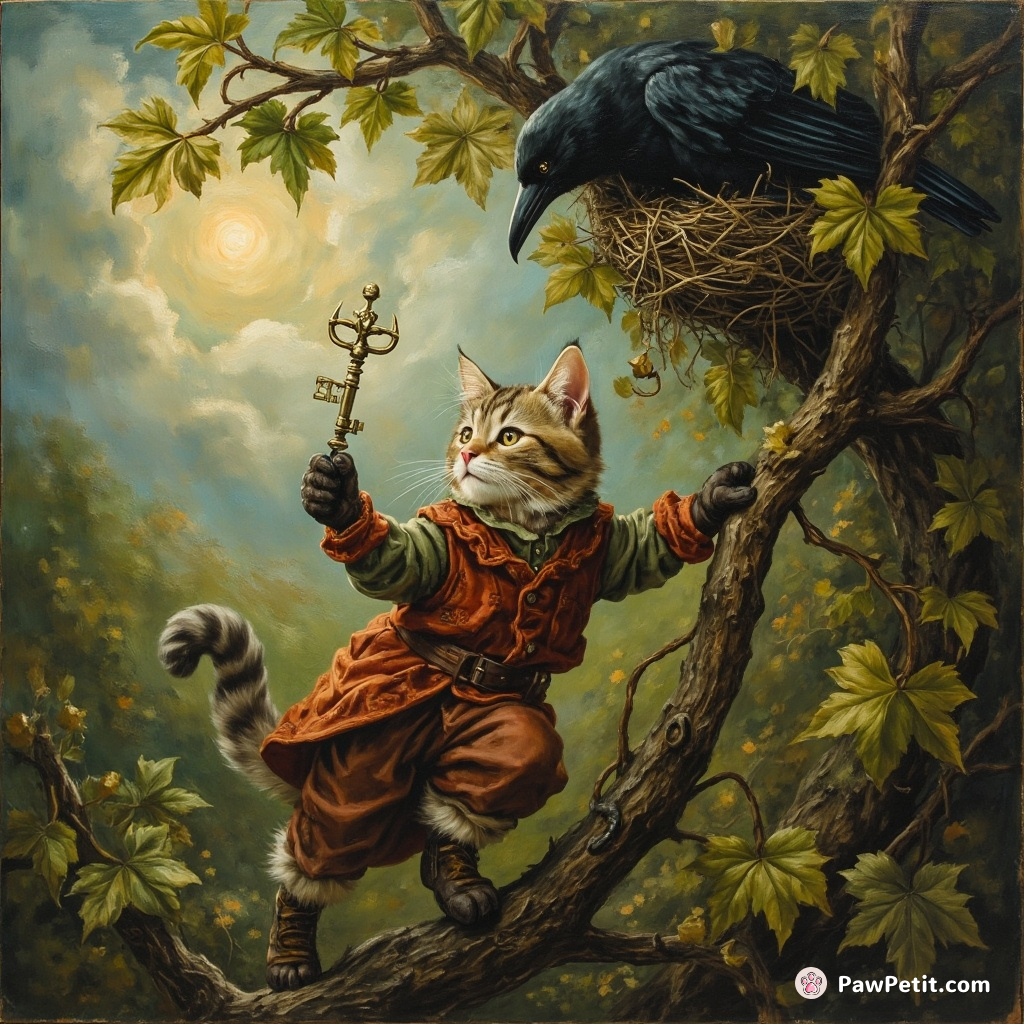 The courageous cat skillfully scaled the enchanted vinery, intent on retrieving the stolen silver key from the crow's nest.