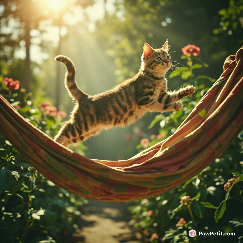 Amidst the whirlwind garden greens, the feline, tail ecstatically quivering, took a wild leap gracelessly onto the sun-kissed hammock.
