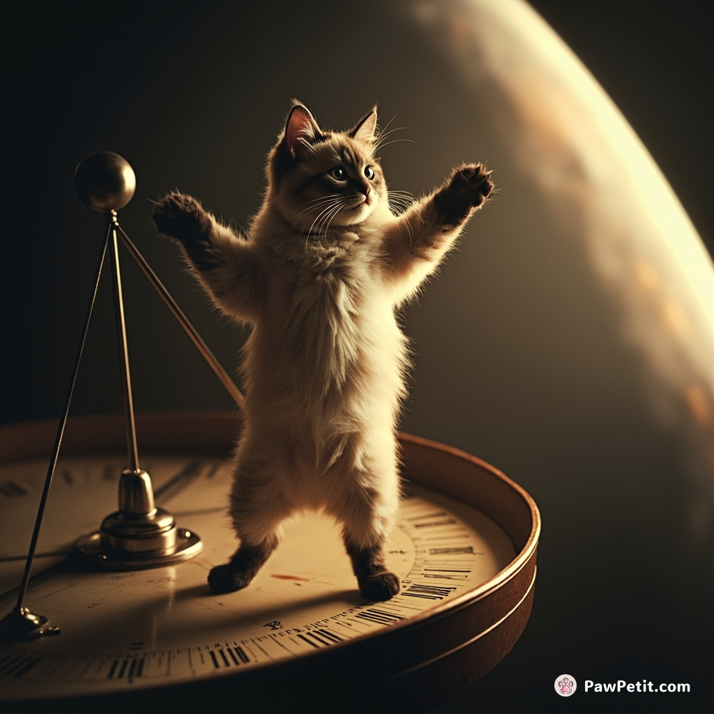 A Siamese cat performing a flamenco dance on top of a giant oscillating metronome in zero gravity space.