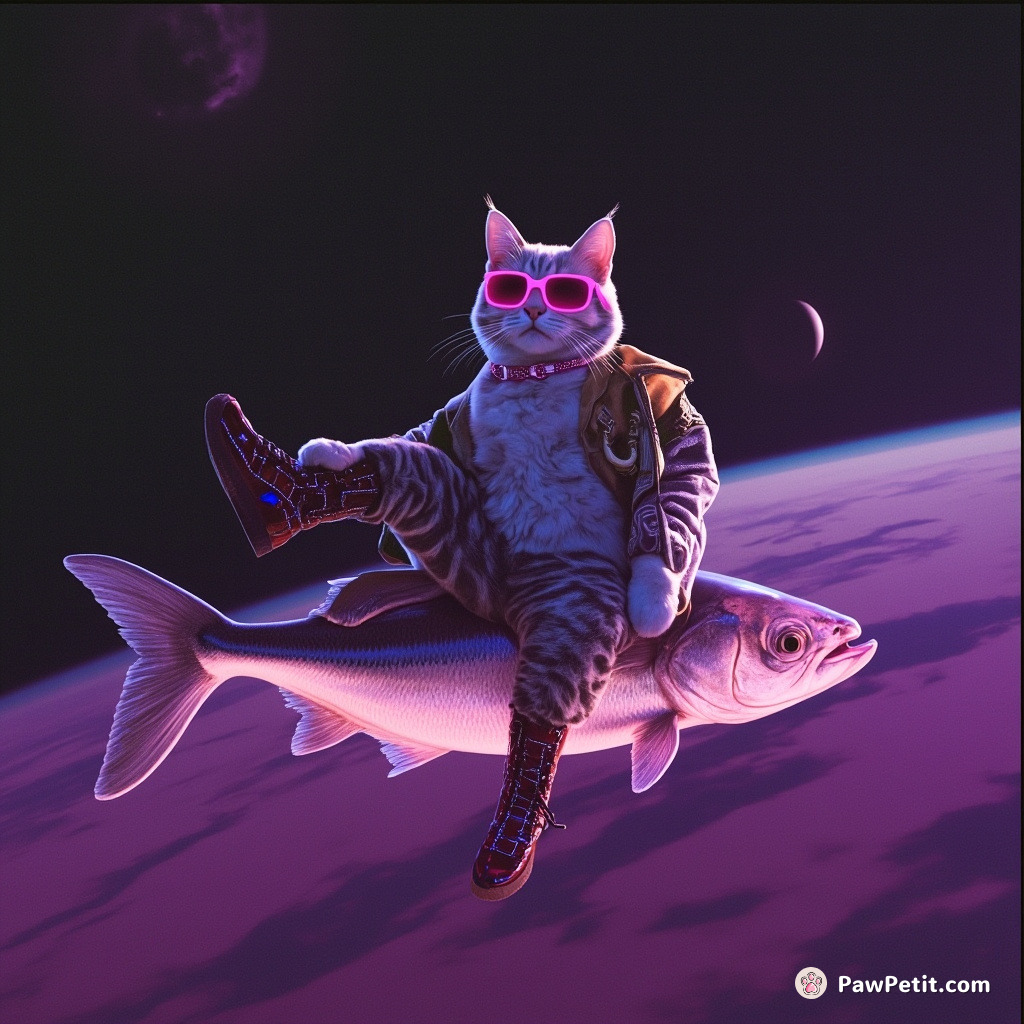 A cat disco-dancing on a floating sardine in outer space with neon flashing sunglasses and star-patterned boots.