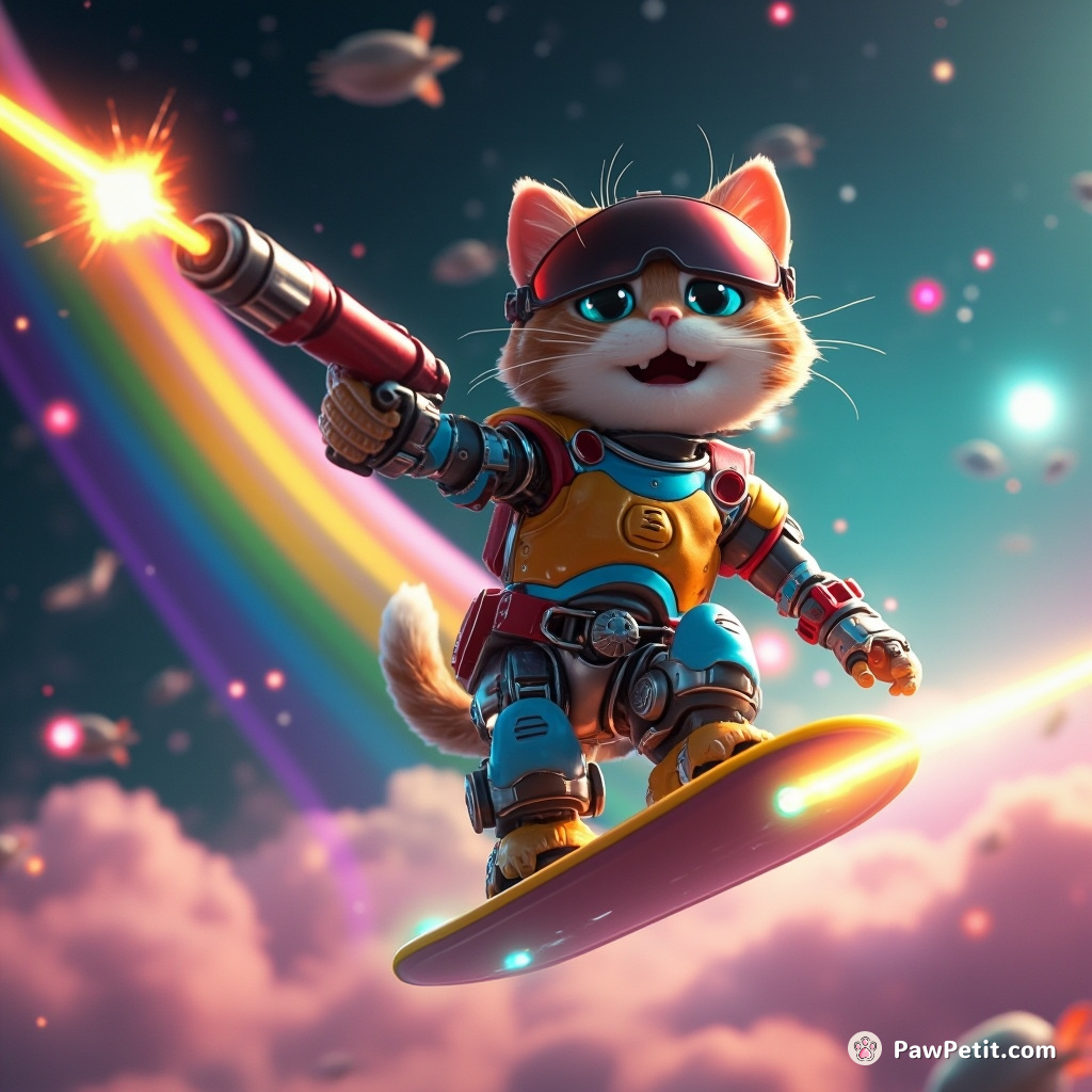 Cyborg cat surfing a rainbow in a galaxy far away, shooting laser beams at space mice.