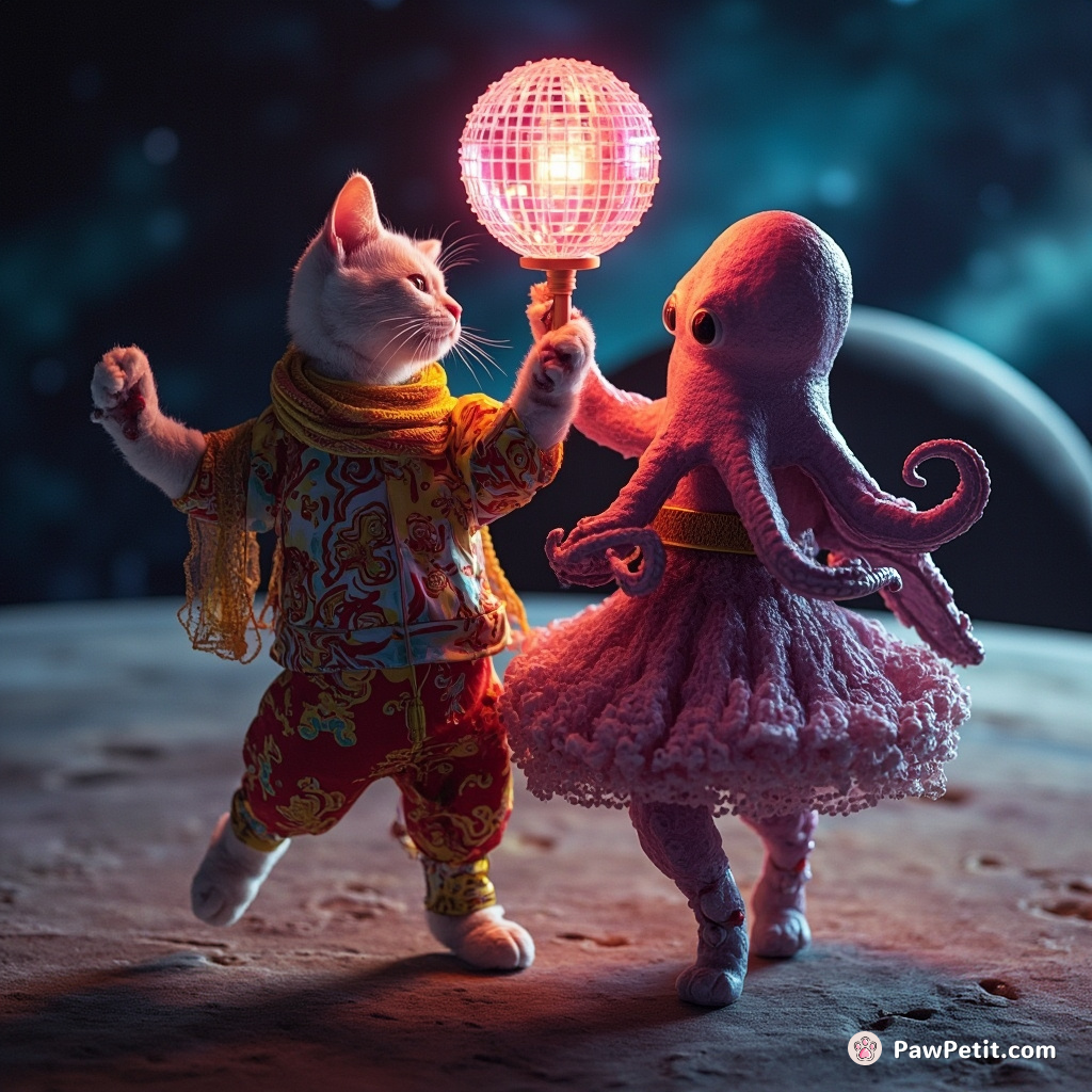 A radioactive cat waltzing with an octopus under a neon jellyfish disco ball in gamified cosmic-Phoenix renaissance attire on Saturn's rings.