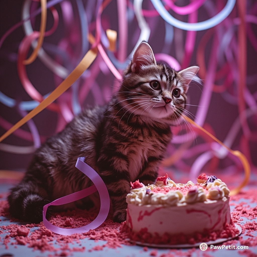 The cat, ensnared by sprawling party streamers, catapulted onto the cake-laden table in a frenzy of frosting and fur.