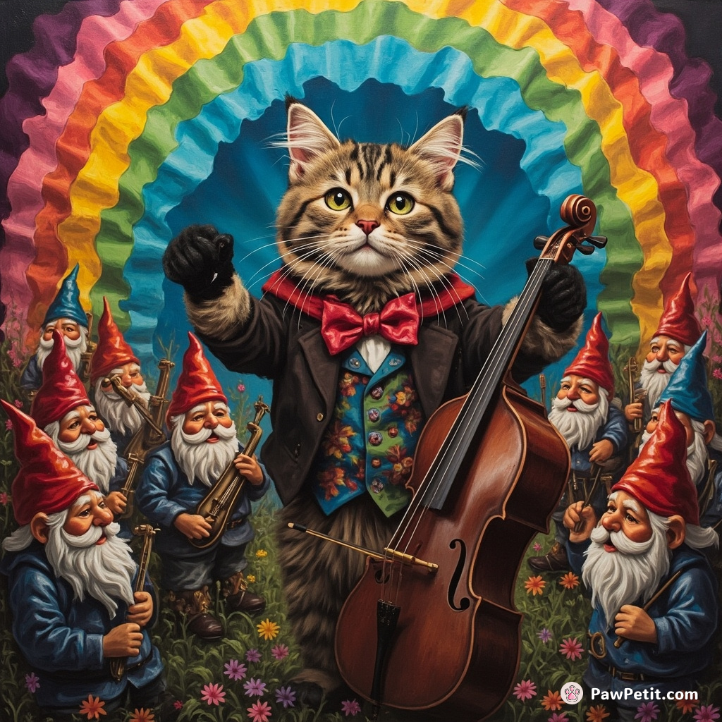 Cat theatrically conducting an orchestra of garden gnomes under a neon rainbow.