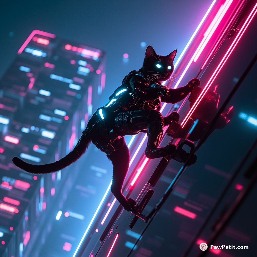 Hyper-neon glows reflect off the sleek silhouette of a cybernetic cat, acrobatically scaling hovering skyscrapers in effortless quantum leaps.