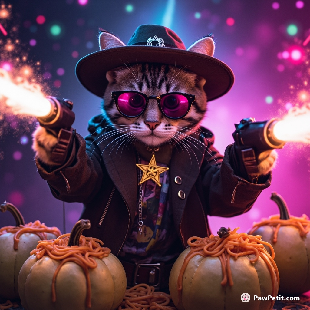 Cat wearing a sheriff's badge, dueling spaghetti squashes under neon norse galaxies.