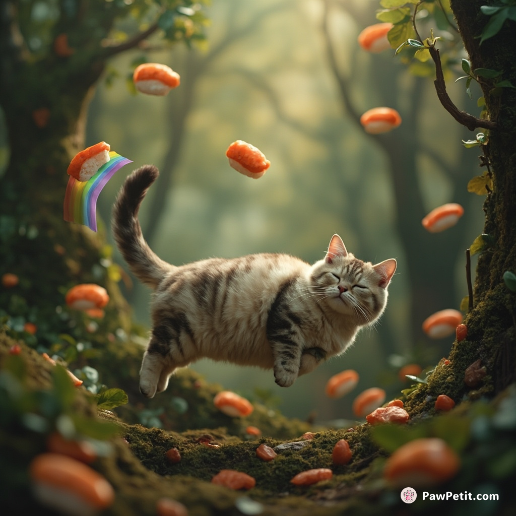 A sleeping cat balancing a upside-down rainbow on its tail in an ancient enchanted forest filled with floating sushi.