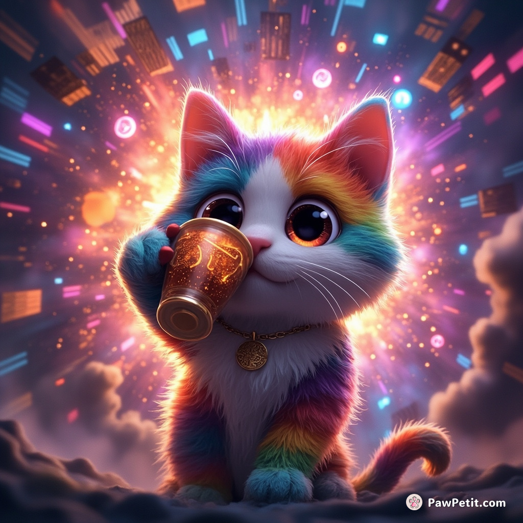 A cosmic cat supernova, exploding its rainbow-colored fur and zodiac symbols into a Metropolis cityscape, while sipping a tiny cup of galaxy tonic.