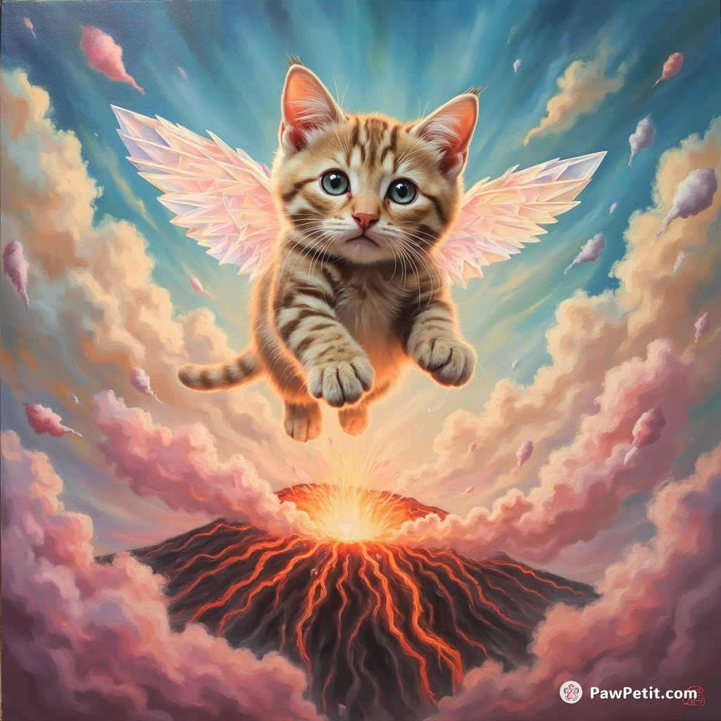 A crystal-winged cat soaring over a volcano erupting cotton candy.