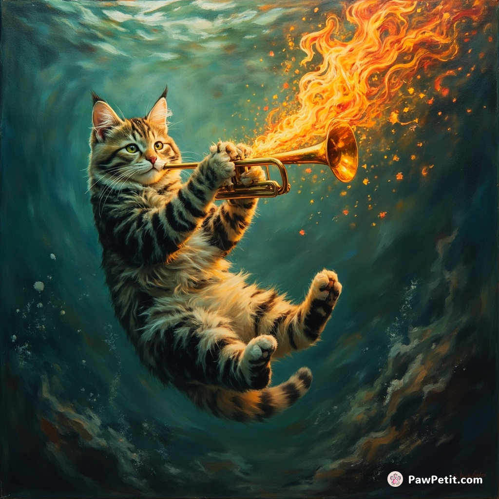 Floating cat playing a flaming trumpet in an underwater musical concert.