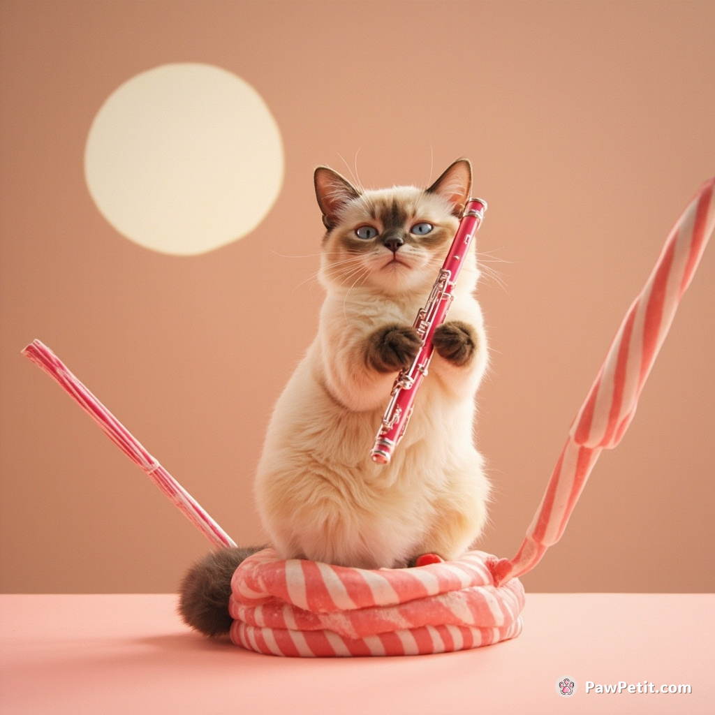 A siamese cat playing electric jazz flute on a candy cane stage, under soft peppermint moonlight.