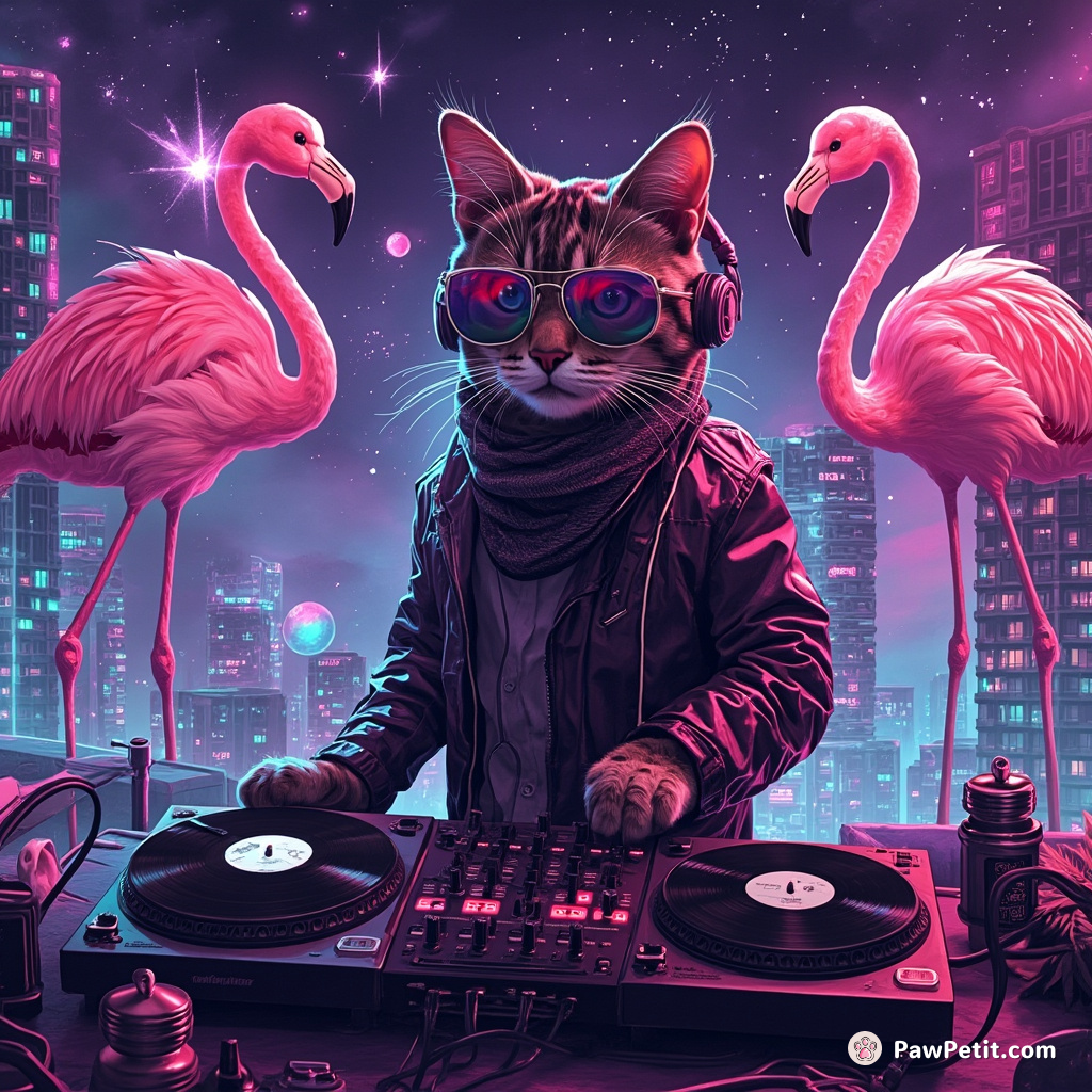 Cyberpunk cat DJ spinning vinyl galaxies at a neon rooftop party held by two-headed flamingoes.