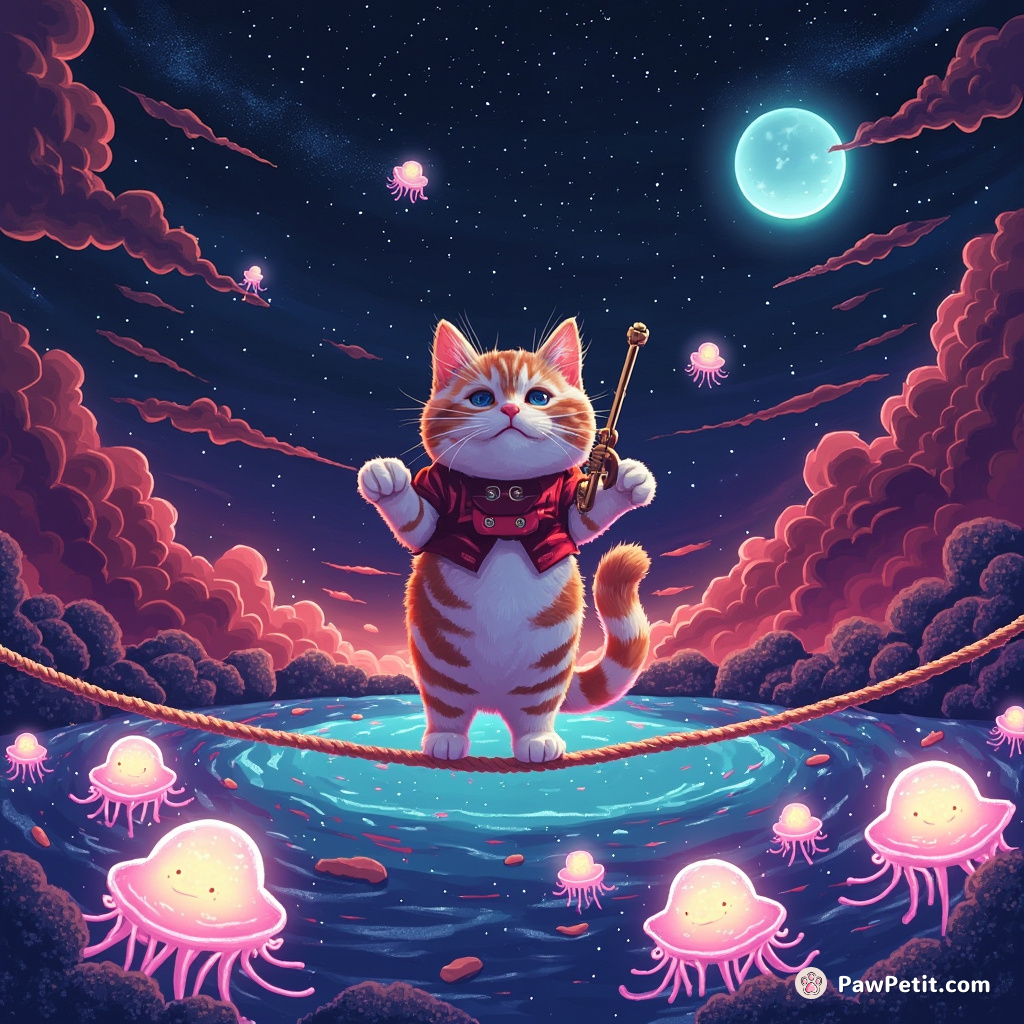 Cat orchestrating an alien invasion while balancing on a tightrope over a pool of starlight jellyfish.
