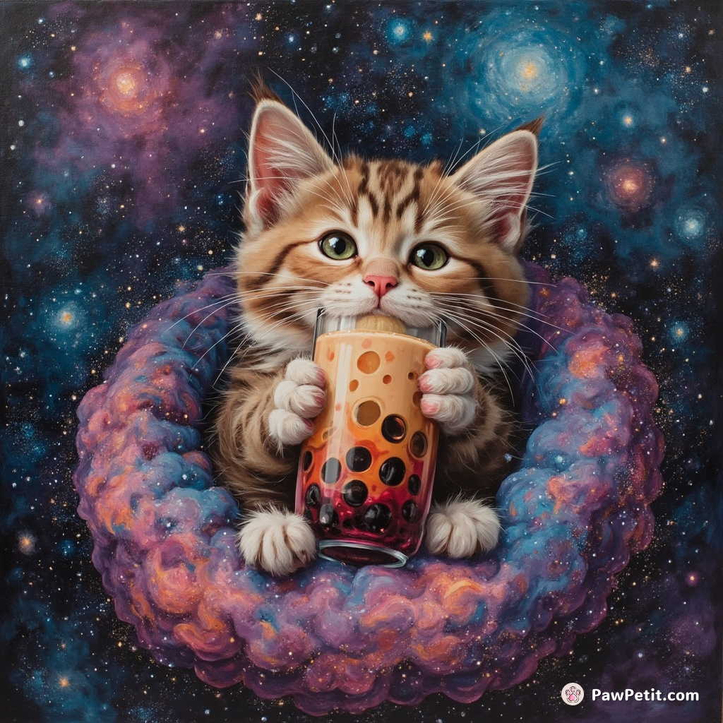 Cat sipping nebula-flavored boba tea in zero gravity with constellations in its fur.