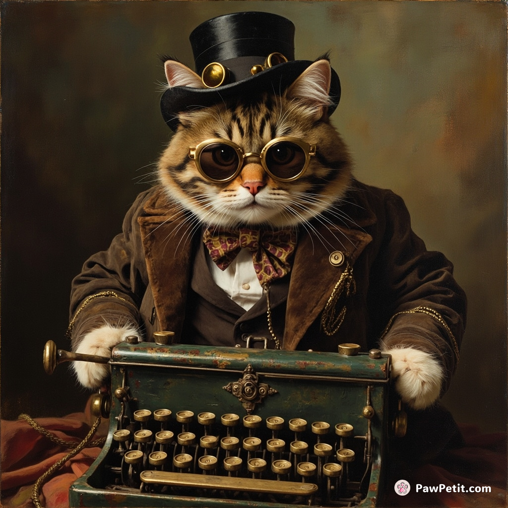 Steampunk cat wearing Victorian clothes, operating an old typewriter with human-sized keys.