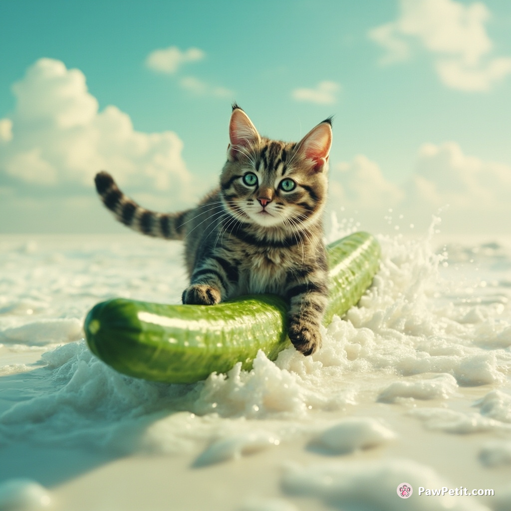 A cat using a cucumber as a paddleboard while surfing on a sea of milk