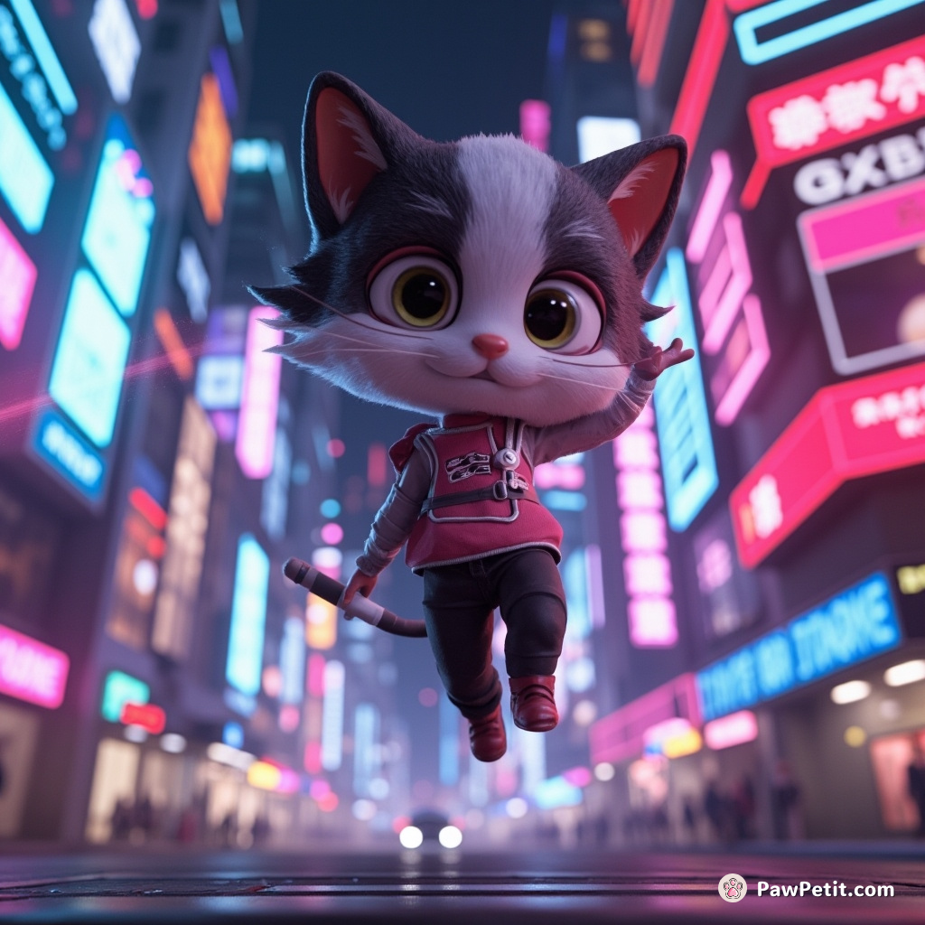 Parading past neon skyscrapers, our cat-figure pirouetted, manipulating obfuscation tech on her armband with a swish of laser-sharp whiskers.