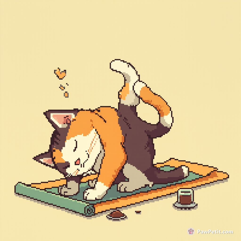 Whimsical cat tries yoga, contorting into "downward dog" pose, then purrs, dreaming of morning coffee.