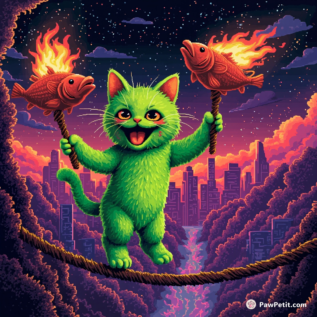 A neon chartreuse cat juggling flaming fish on a tightrope stretched over an alien cityscape.