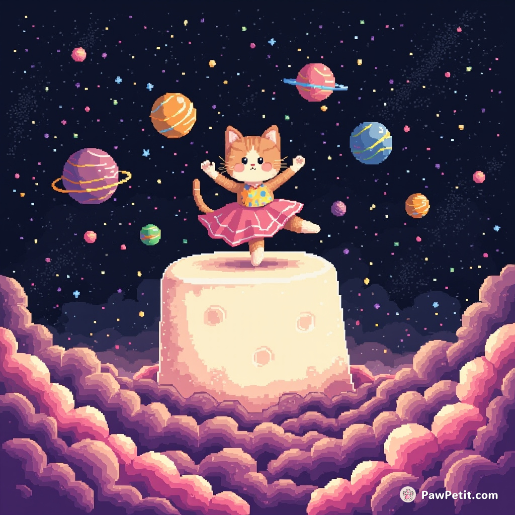 Cat doing a pirouette on top of a giant floating marshmallow in outer space.