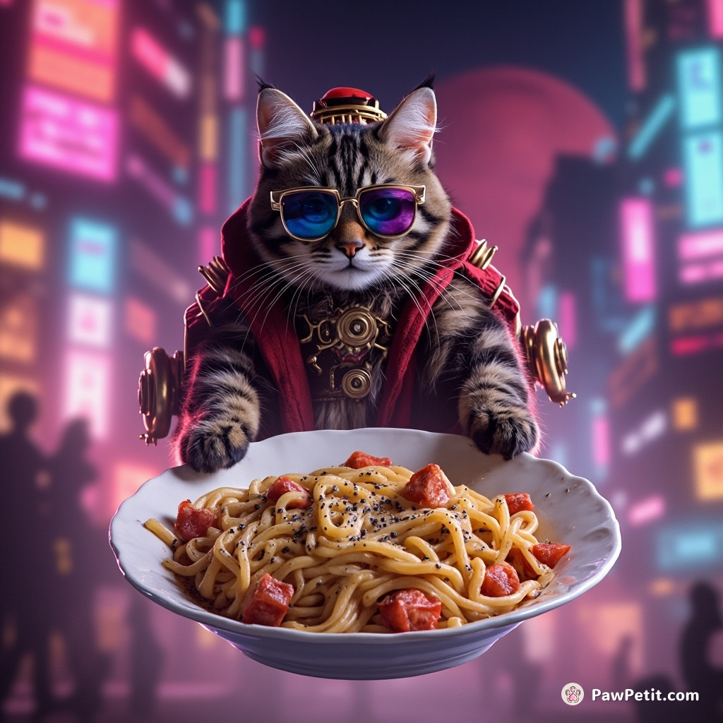 Steampunk-styled cat levitating near an oversized cacio e pepe dish in a vibrant Martian cityscape.