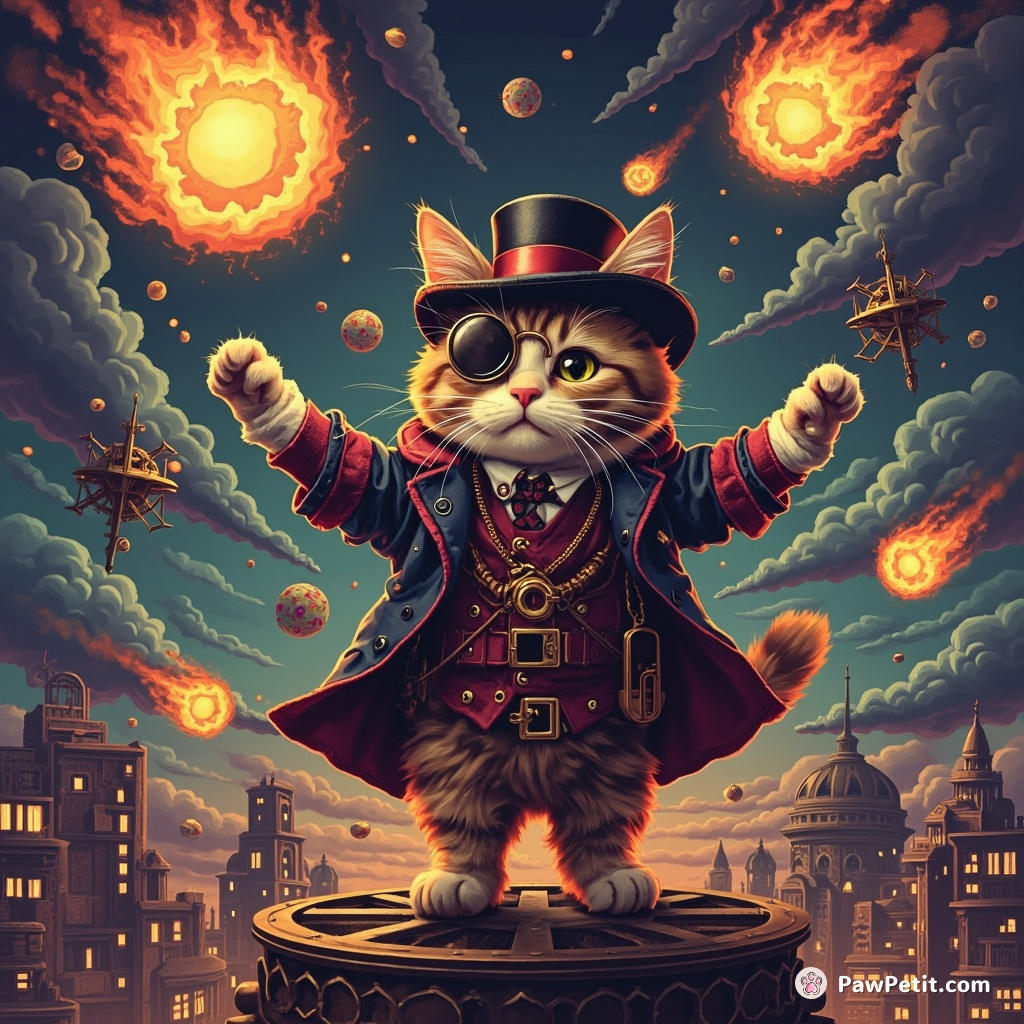 Steampunk cat effortlessly juggling flaming meteorites amidst a floating clockwork city, wearing a monacle and a top hat.