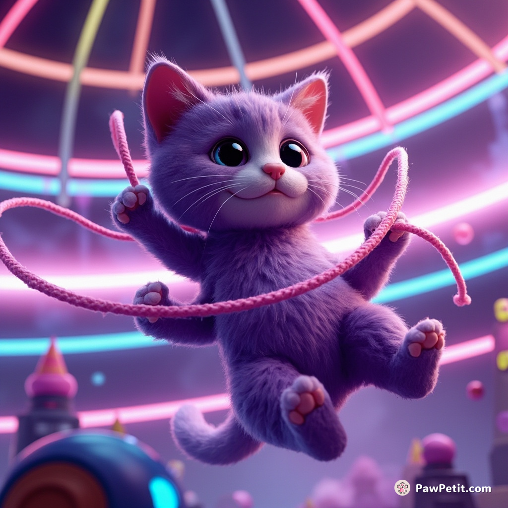 Affectionate purple cat flying gracefully in a neon techno-circus, spinning magic yarn into futuristic gadgets.