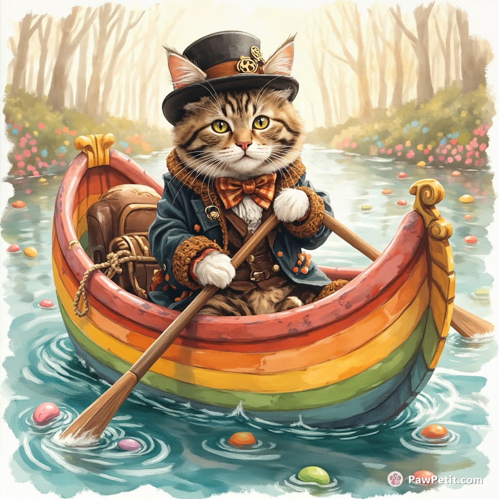 A cat in steampunk attire rowing a rainbow gondola in a jellybean river.