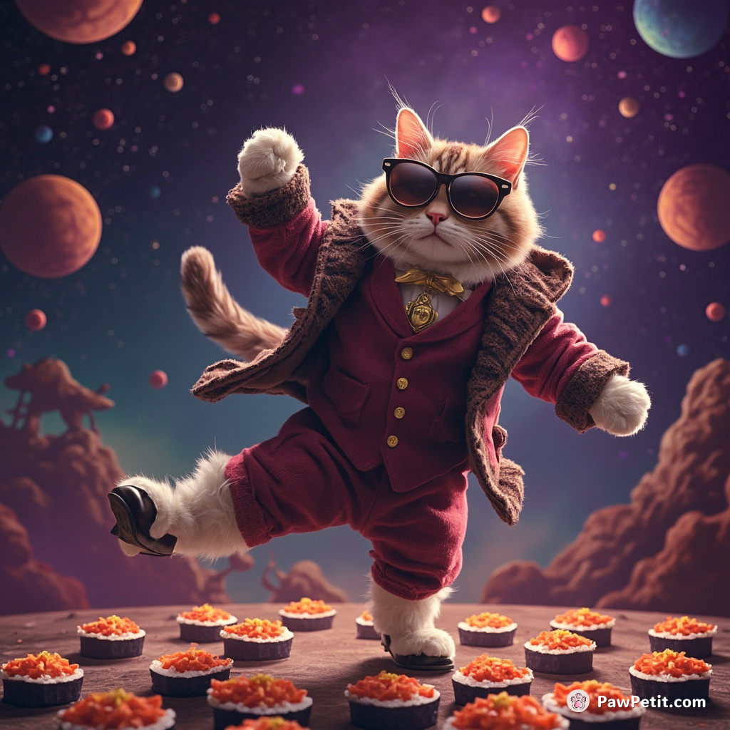A sophisticated cat tap-dancing on floating sushi rolls in a space galaxy bar.