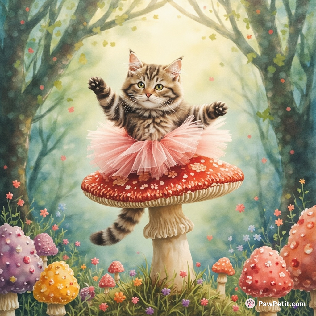 Cat wearing a fluffy tutu, twirling rhythmically atop a giant multi-colored mushroom in a candy coated forest.
