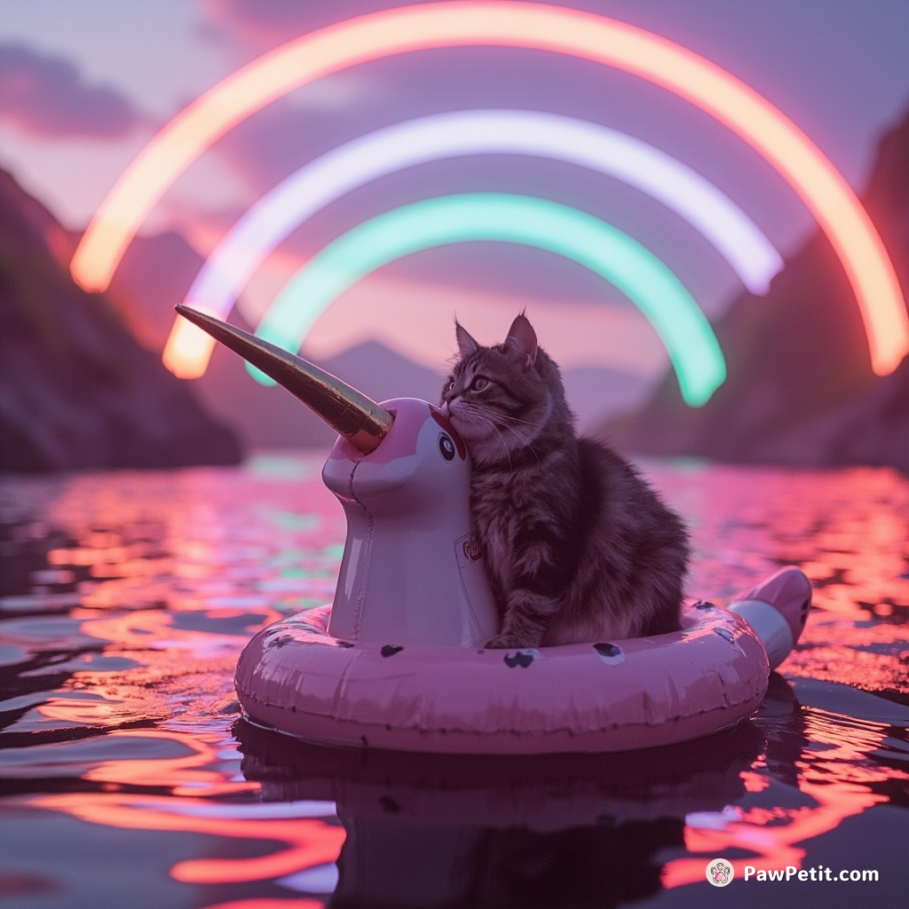 A cat riding a champagne-tinted narwhal aboard an inflatable cheese wheel in the Strawberry Milk river under a neon rainbow.