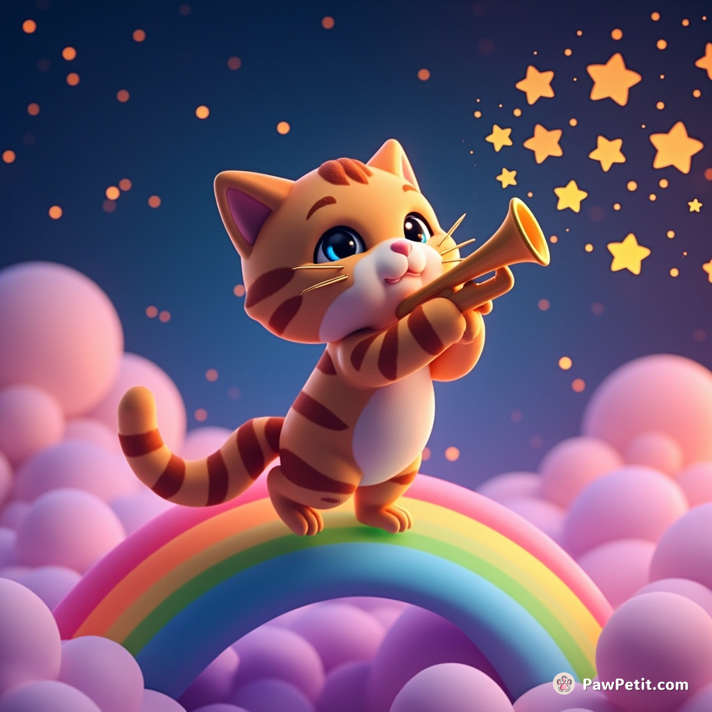 A cat marching on a rainbow bridge playing a trumpet of stars amidst disco-lit clouds.